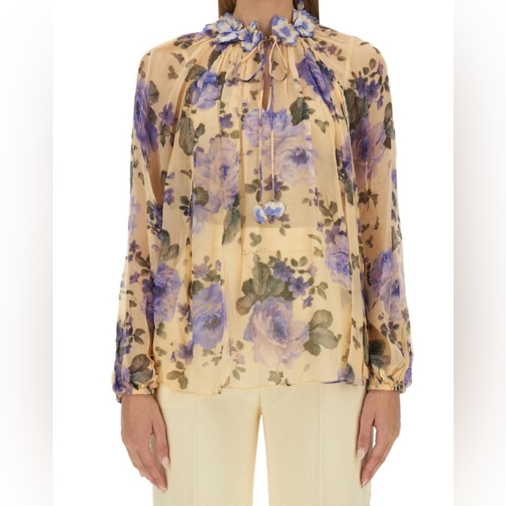 Zimmermann Beige Sheer Floral Tie-Neck Blouse with Lavender Roses